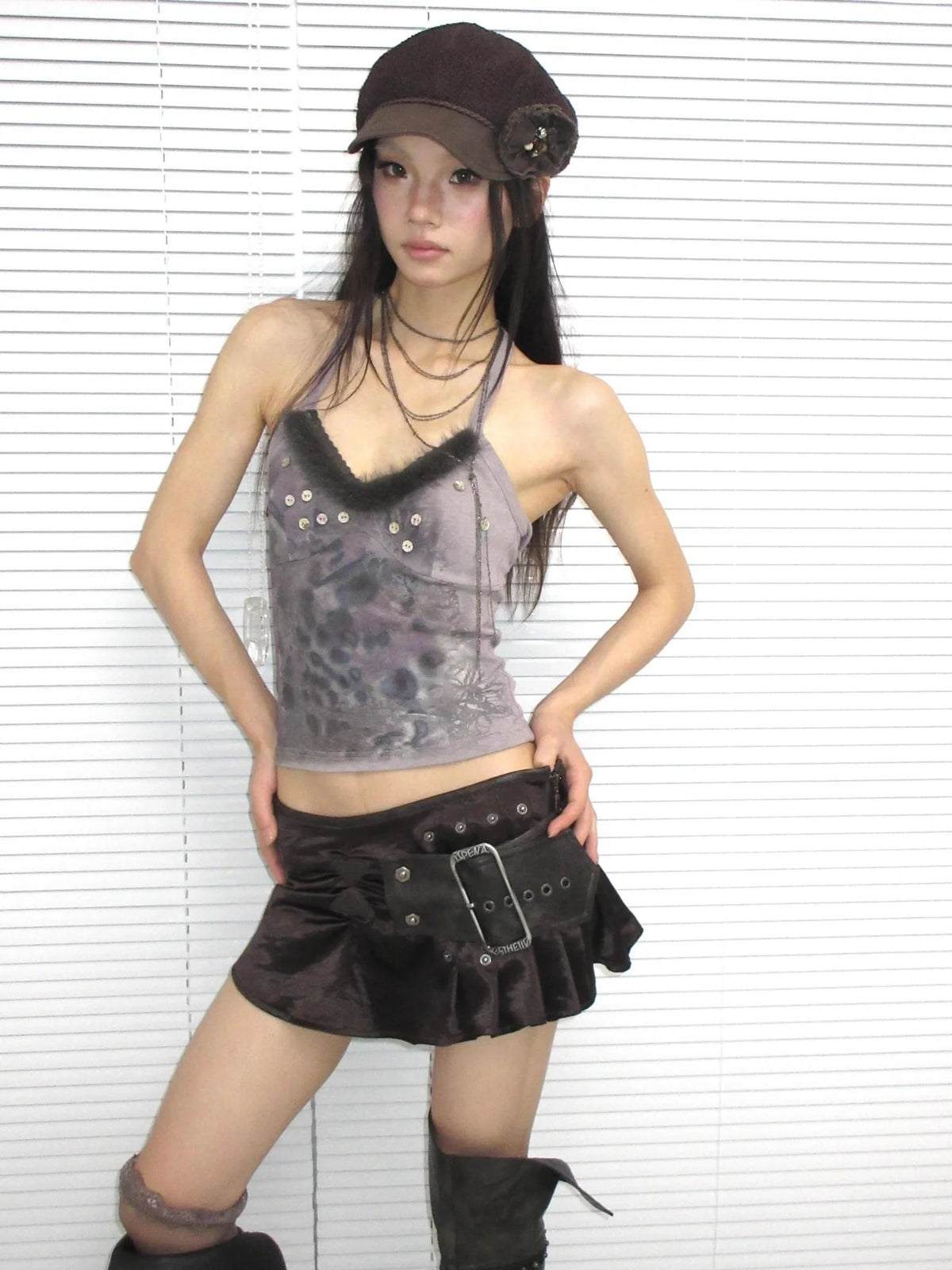 High Stretch Sexy Halter V Neck Printed Button Dark Blue Gray Women Tank Top