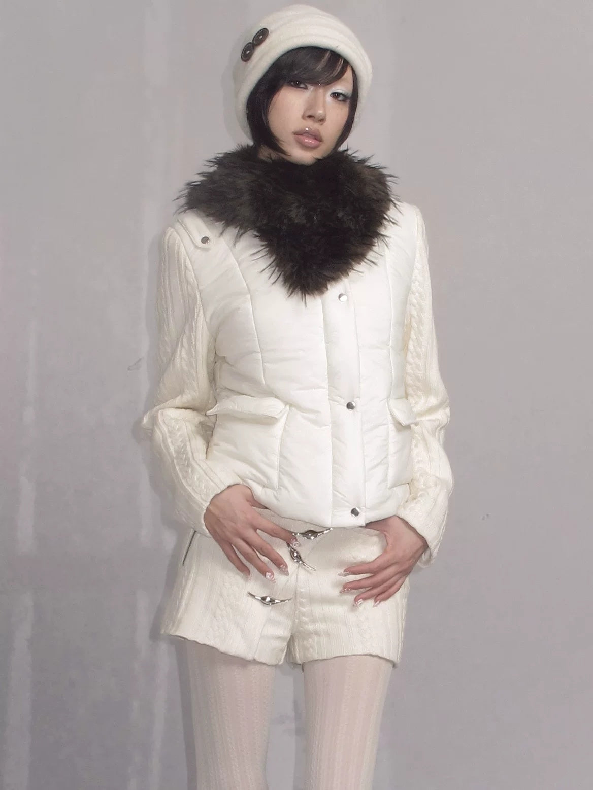 High Waist Rayon Knit Button Detail Casual Straight Fit Womens Ivory Shorts