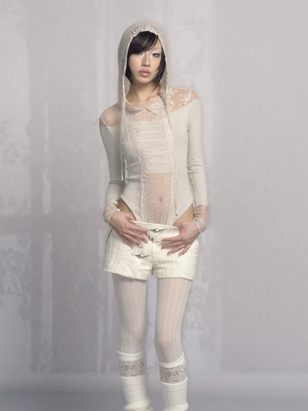 High Waist Rayon Knit Button Detail Casual Straight Fit Womens Ivory Shorts