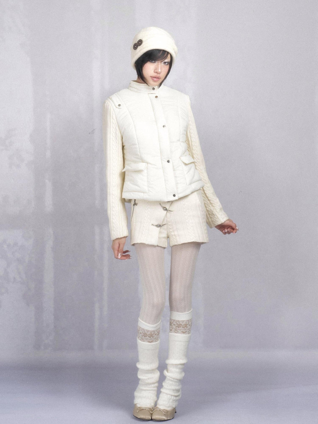 High Waist Rayon Knit Button Detail Casual Straight Fit Womens Ivory Shorts