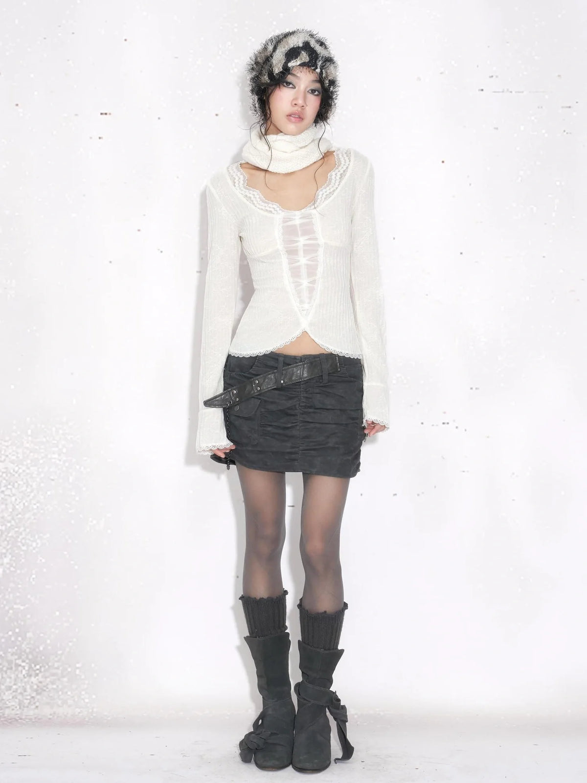 Low Rise Bodycon Ruched Pockets Gray Streetwear Women Date Dance Mini Skirt