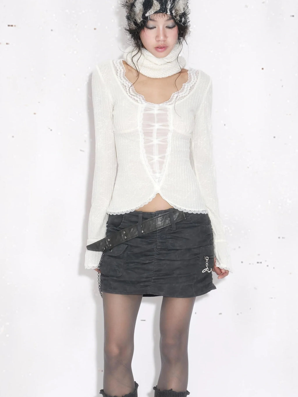 Low Rise Bodycon Ruched Pockets Gray Streetwear Women Date Dance Mini Skirt