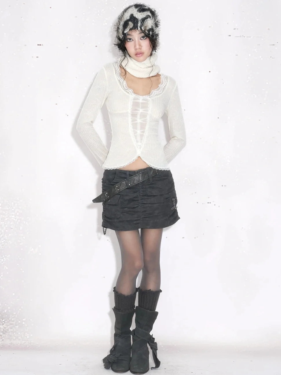 Low Rise Bodycon Ruched Pockets Gray Streetwear Women Date Dance Mini Skirt