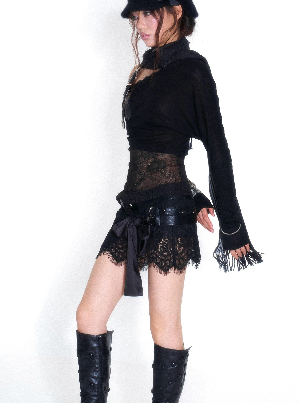 Low Waist Lace Metal Buckle Bow A Line Pu Women's Mini Skirts