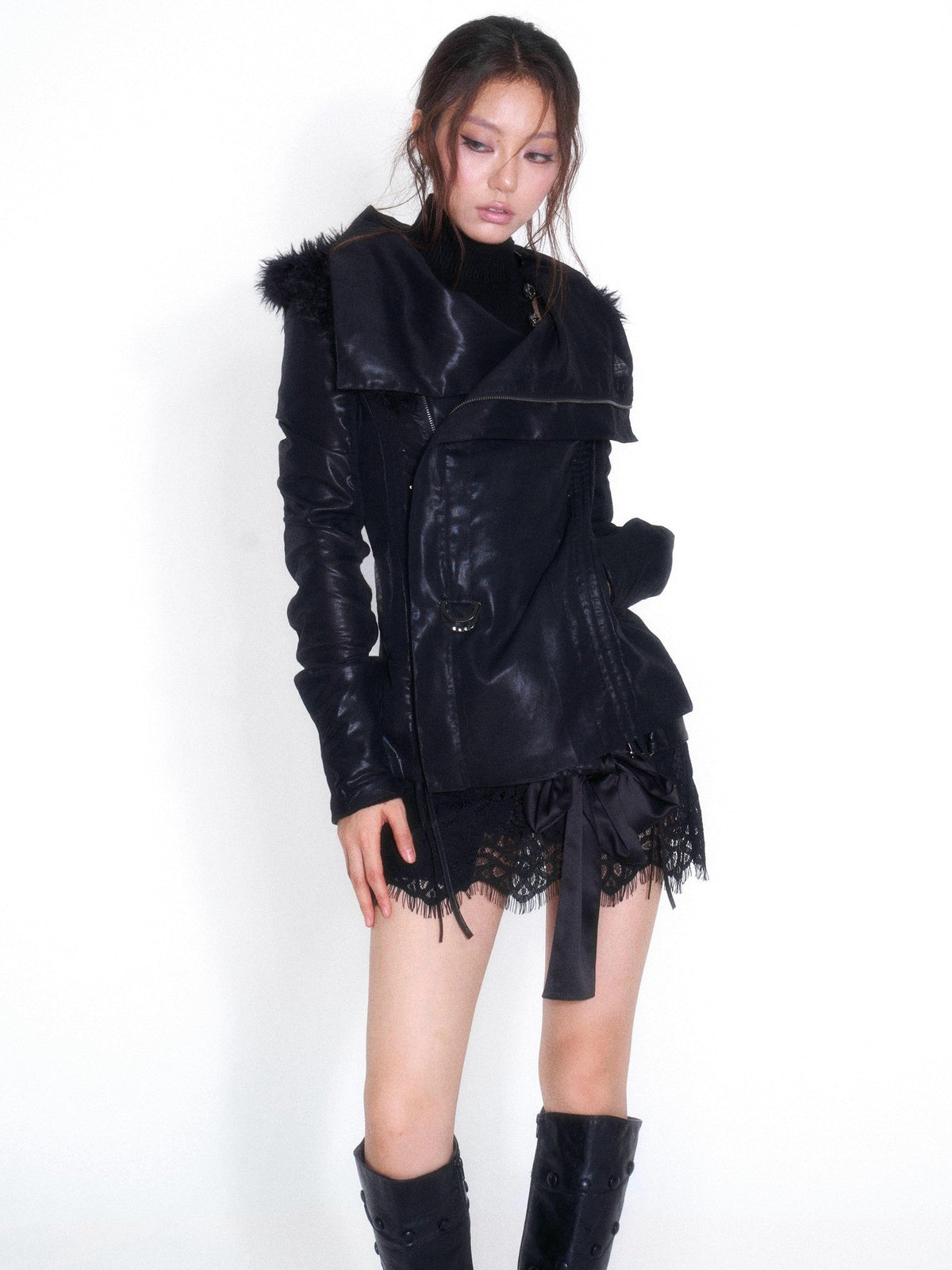 Low Waist Lace Metal Buckle Bow A Line Pu Women's Mini Skirts