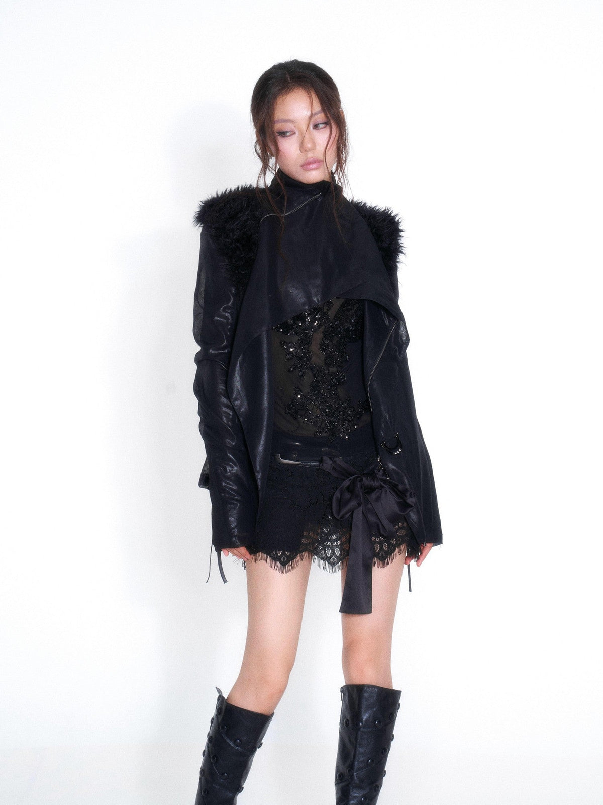 Low Waist Lace Metal Buckle Bow A Line Pu Women's Mini Skirts