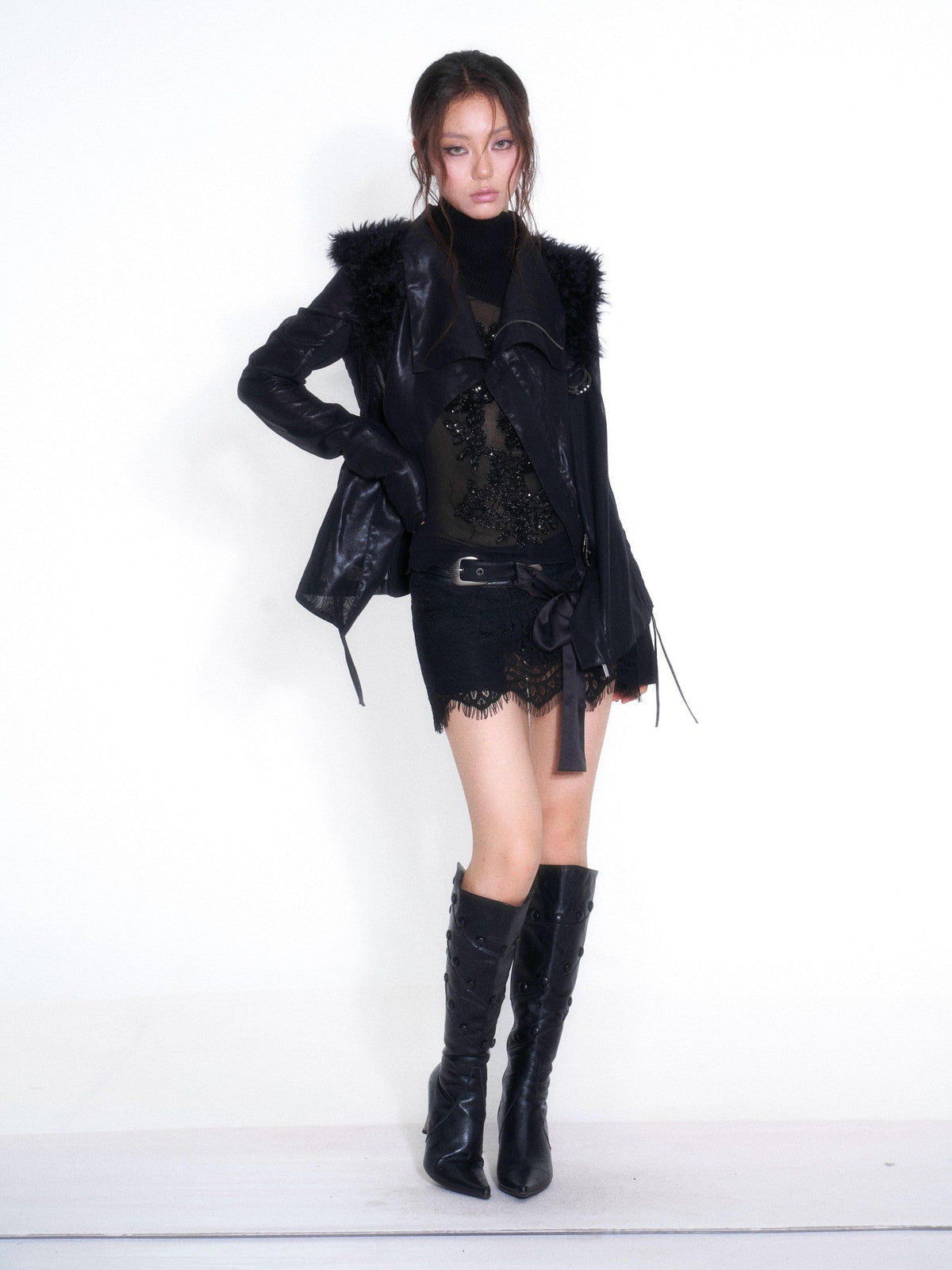 Low Waist Lace Metal Buckle Bow A Line Pu Women's Mini Skirts