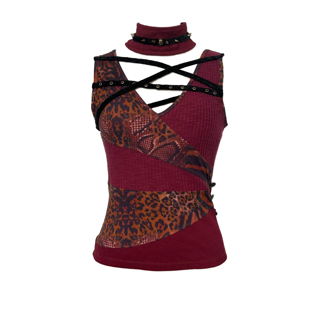 Original Design Striped Patchwork Button Slim Fit Women Burgundy Tank Top