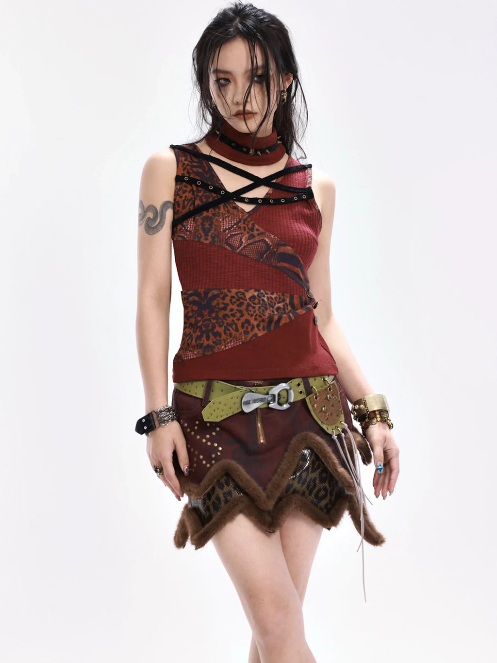 Original Design Striped Patchwork Button Slim Fit Women Burgundy Tank Top