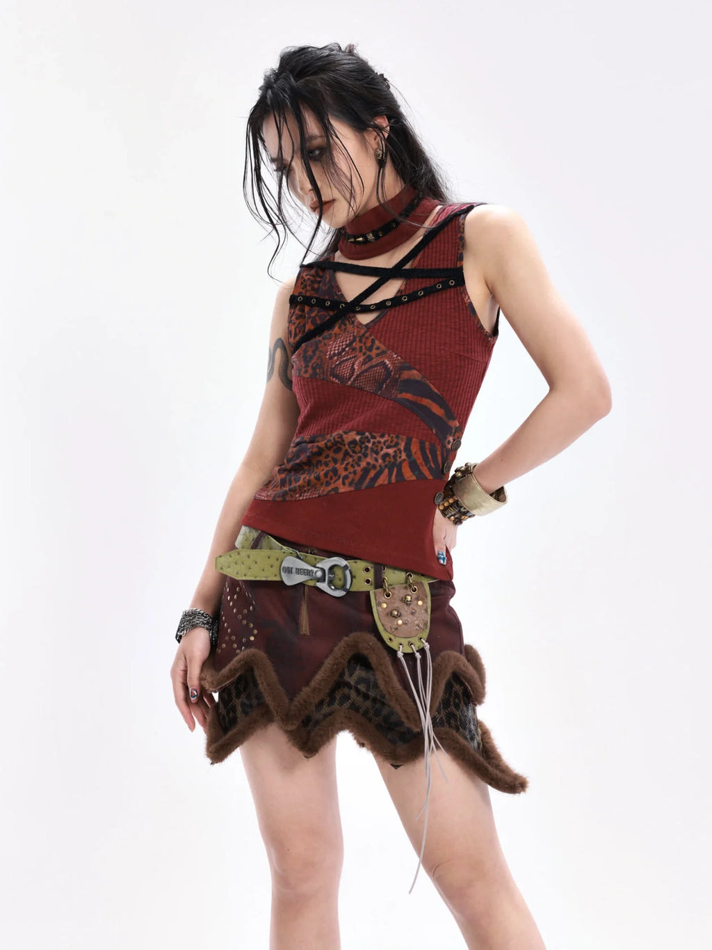 Original Design Striped Patchwork Button Slim Fit Women Burgundy Tank Top