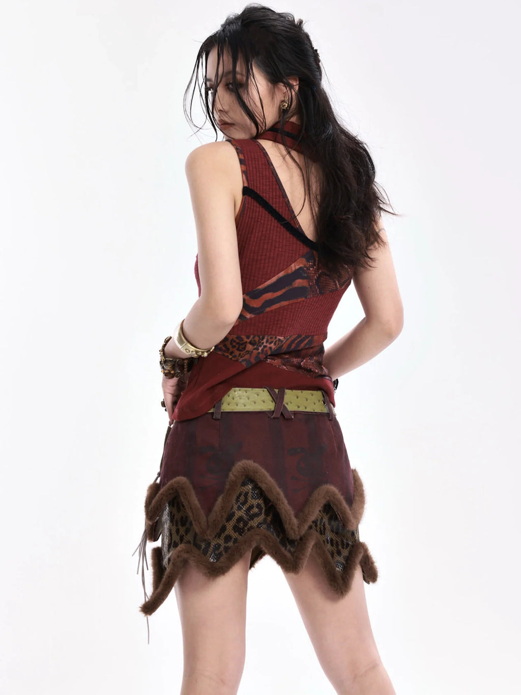 Original Design Striped Patchwork Button Slim Fit Women Burgundy Tank Top