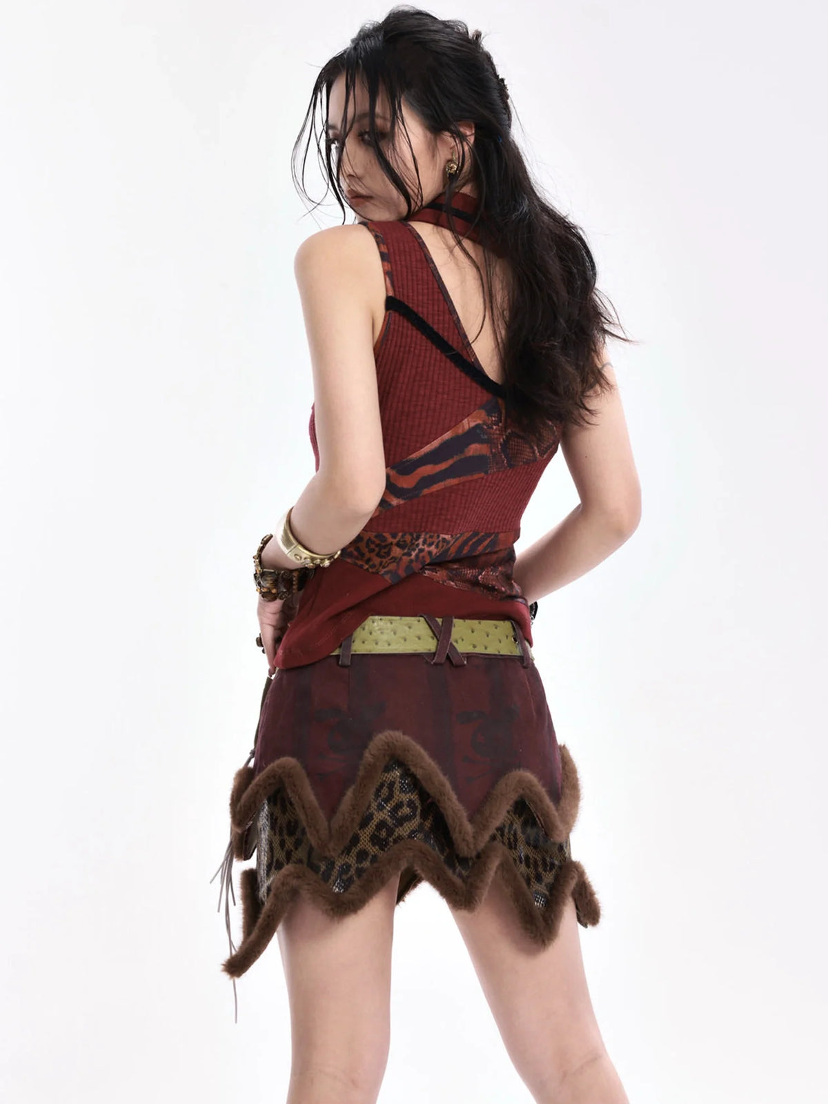 Original Design Striped Patchwork Button Slim Fit Women Burgundy Tank Top