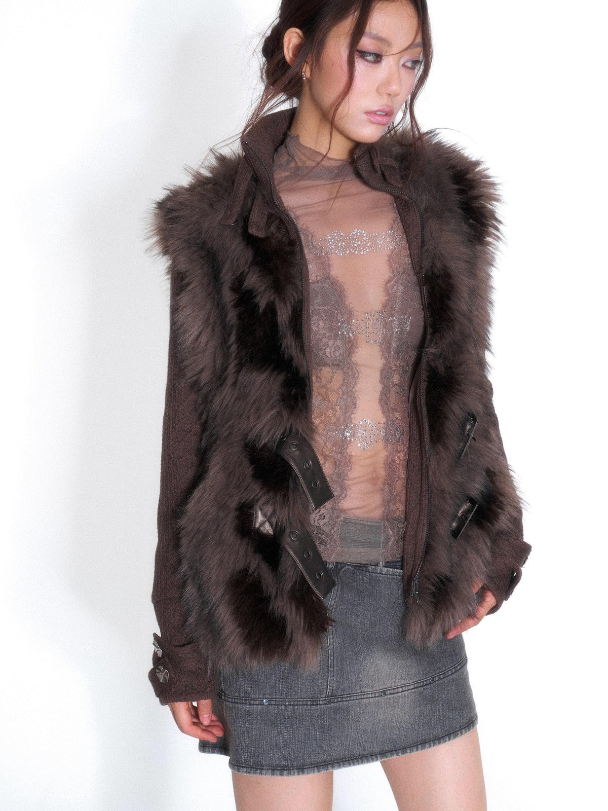 Plush Paneled High Neck Double Button Slim Fit Women's Faux Fur Coats