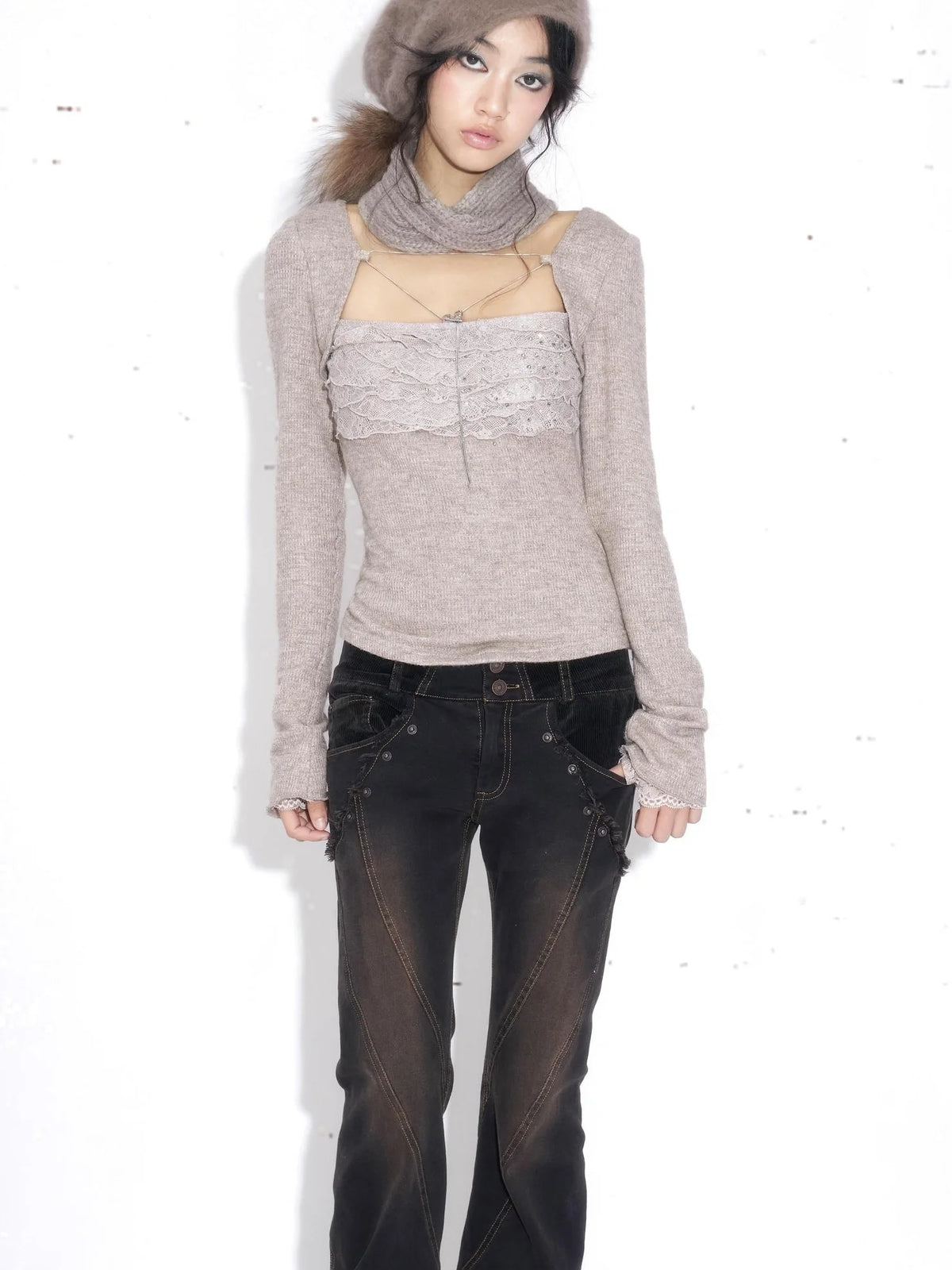 Rhinestone Lace Slim Fit Cotton Jersey Knit Women Casual Cami Khaki T-Shirt