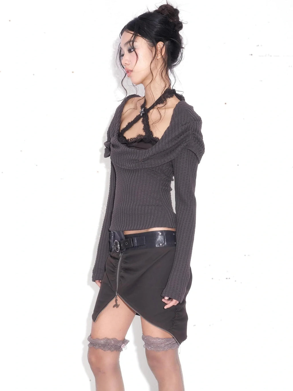 Sexy Halter Neck Lace Trim Purple Two Piece Women Casual Travel T-Shirt