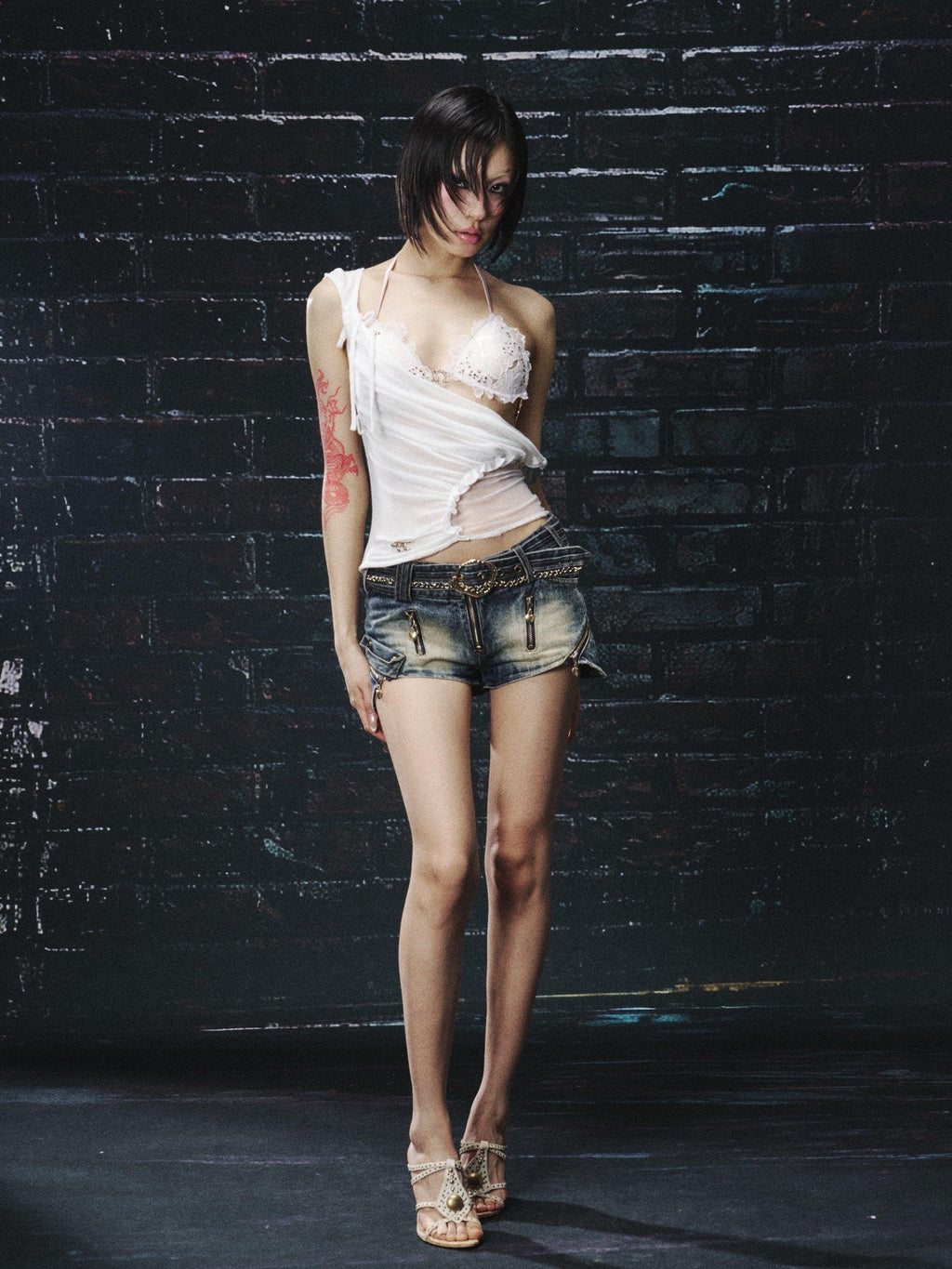Rhinestone Lace Halter Tie Front Cropped Women's Lace Tank Tops