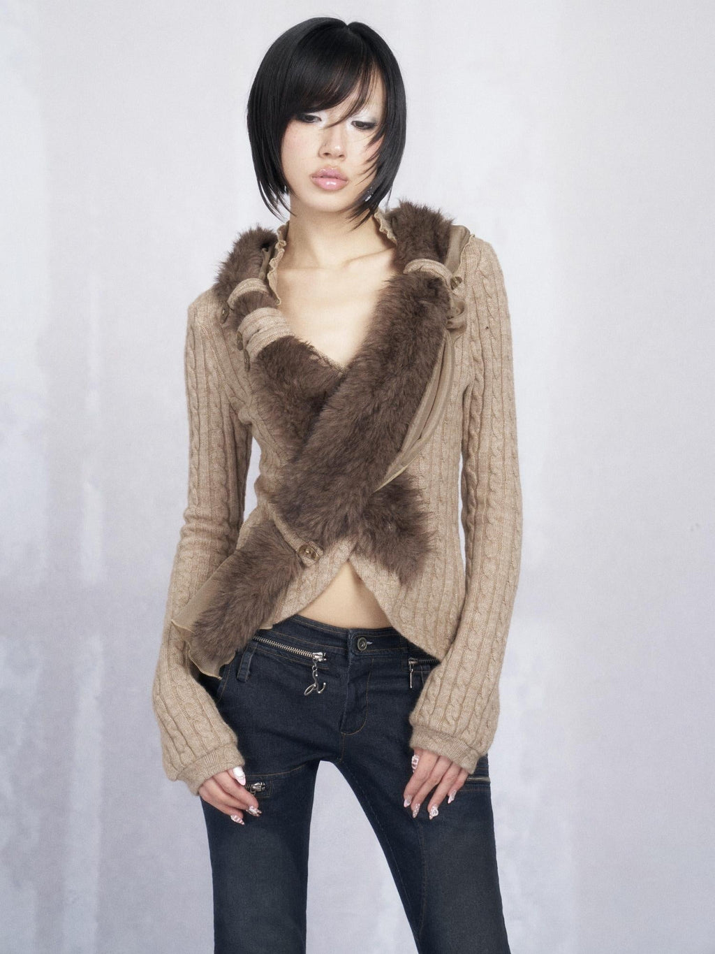 Slim Fit Asymmetric Crossover Button Cardigan Knitted Cotton Women Khaki Sweater