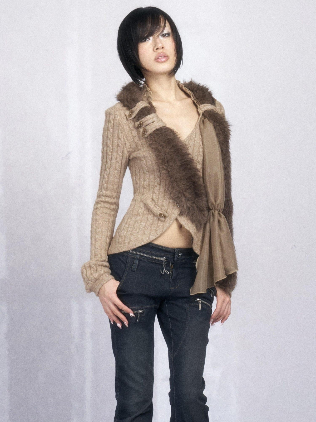 Slim Fit Asymmetric Crossover Button Cardigan Knitted Cotton Women Khaki Sweater