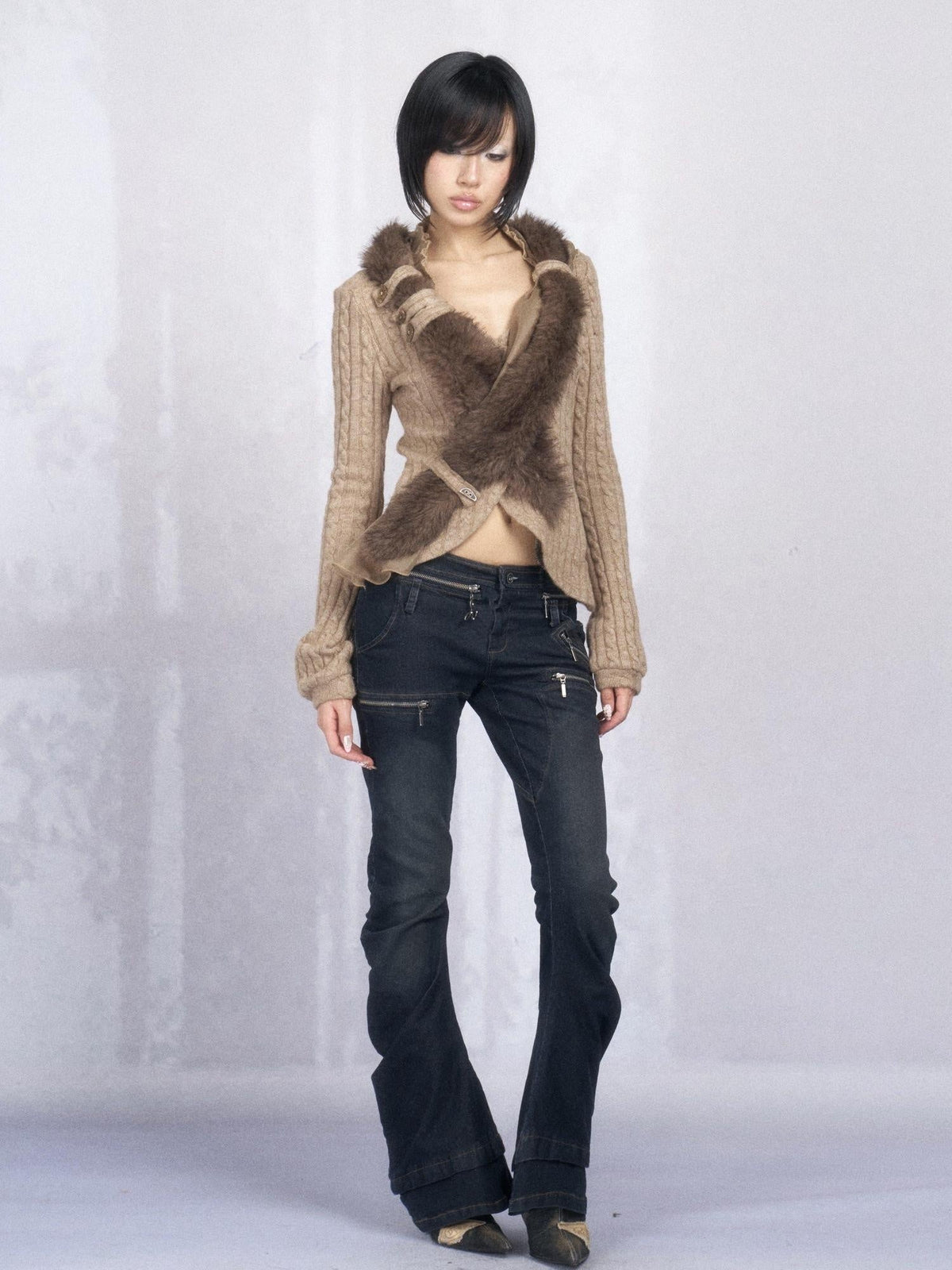 Slim Fit Asymmetric Crossover Button Cardigan Knitted Cotton Women Khaki Sweater
