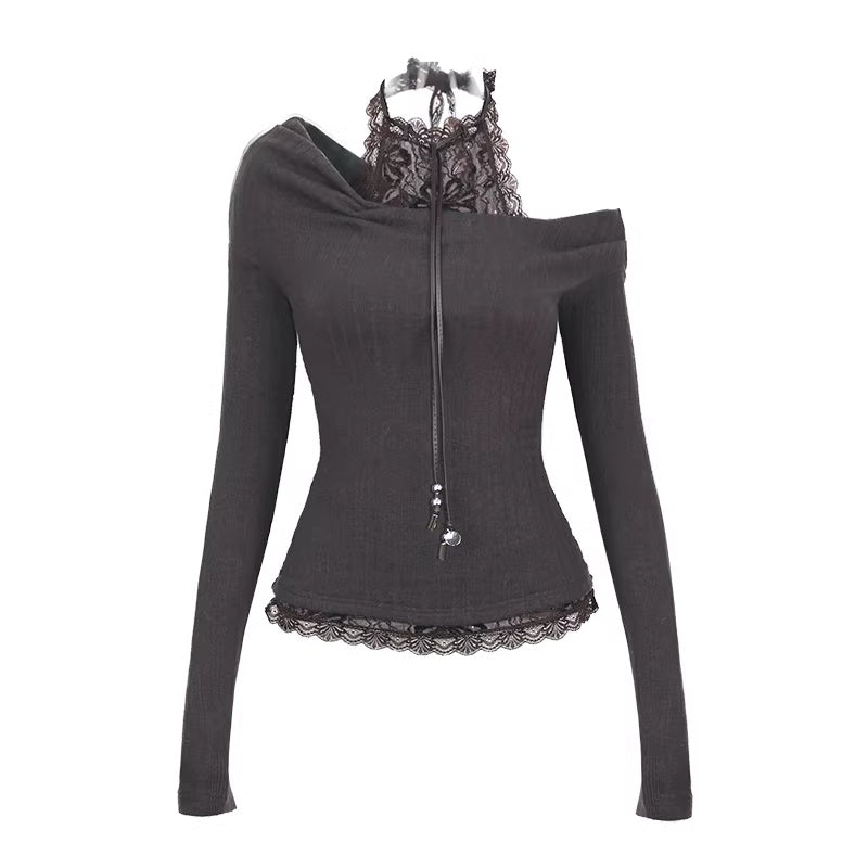 Slim High Stretch French Halter Faux Two Piece Long Sleeve Women Cotton T-Shirt