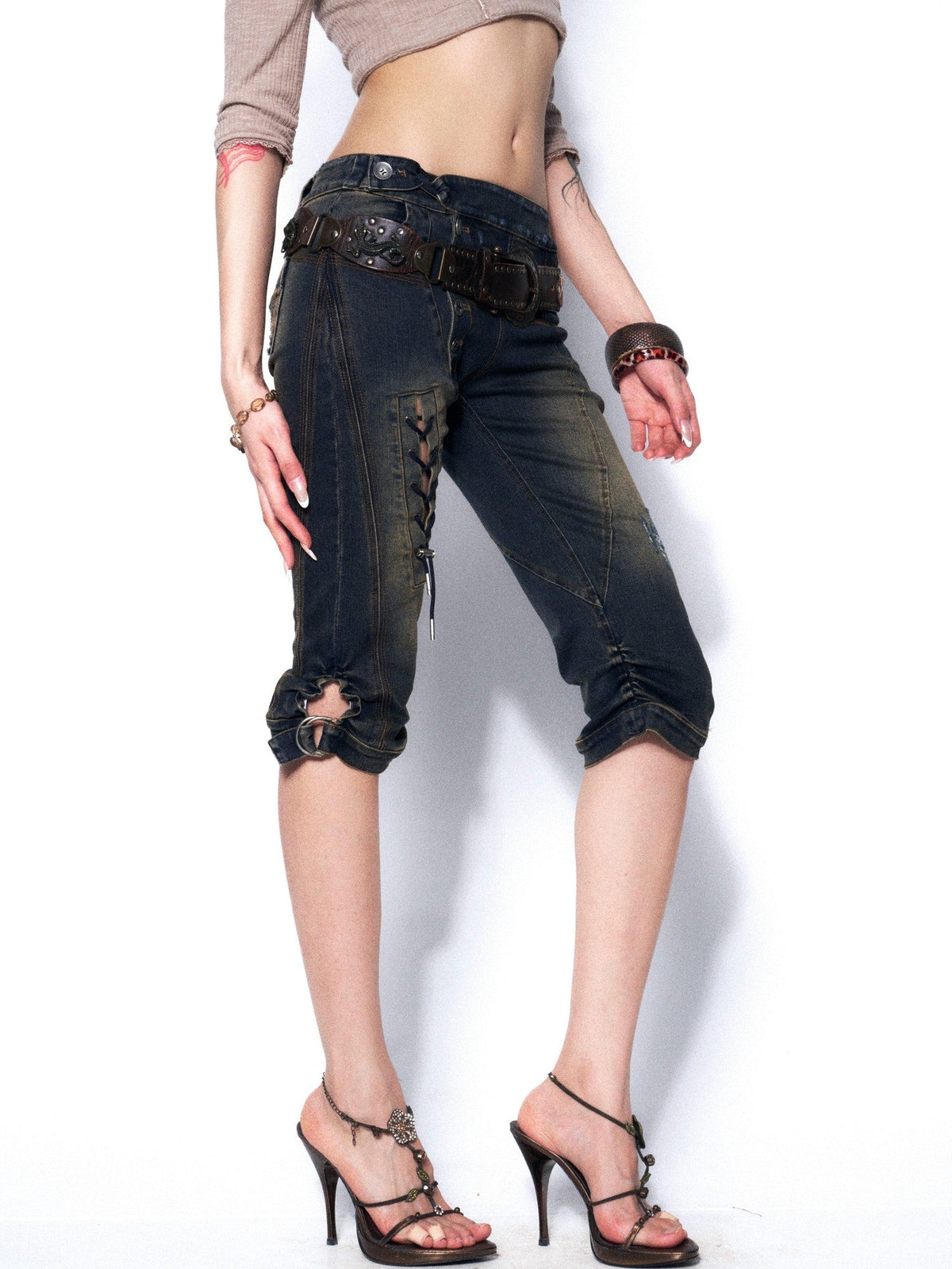 Slimming Heavy Washed Tie Low Waist Women'S Denim Distressed Jeans