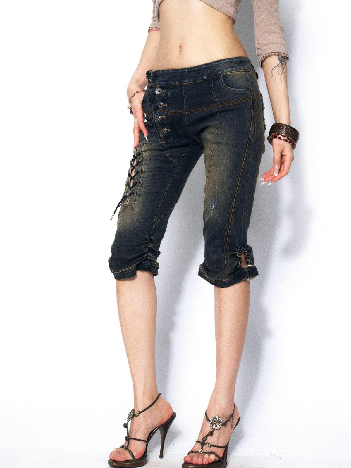 Slimming Heavy Washed Tie Low Waist Women'S Denim Distressed Jeans