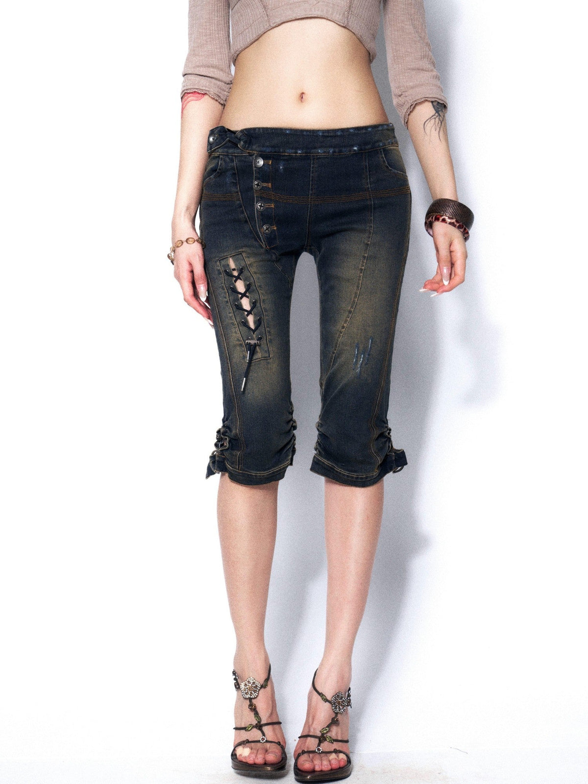 Slimming Heavy Washed Tie Low Waist Women'S Denim Distressed Jeans
