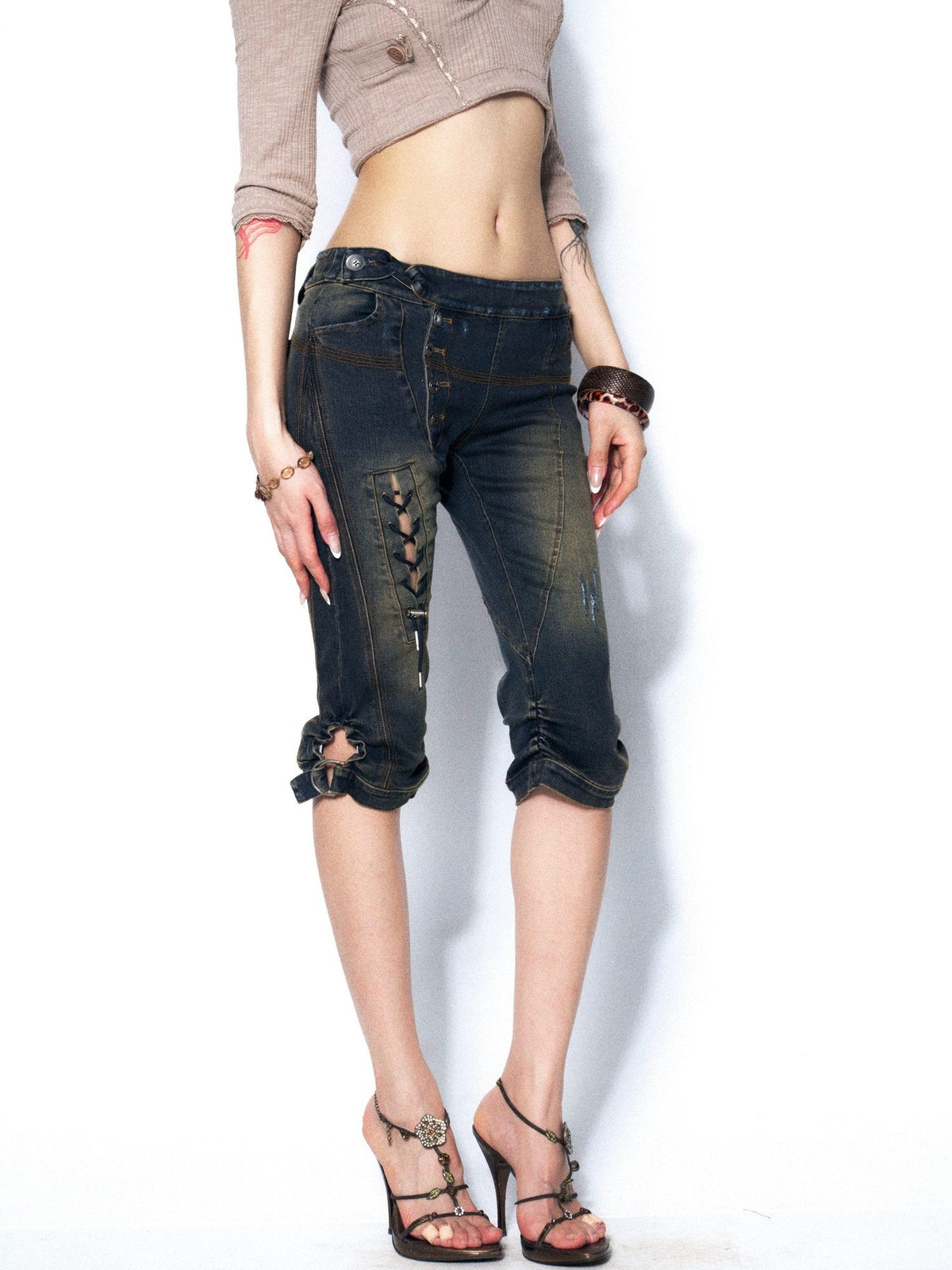 Slimming Heavy Washed Tie Low Waist Women'S Denim Distressed Jeans