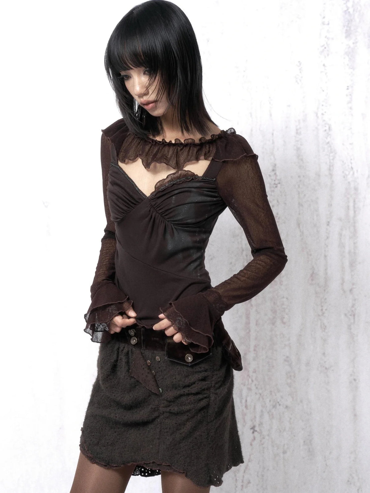 Soft Vintage Slim Fit Long Bell Sleeves Women Brown Lace Cotton Knit T-Shirt
