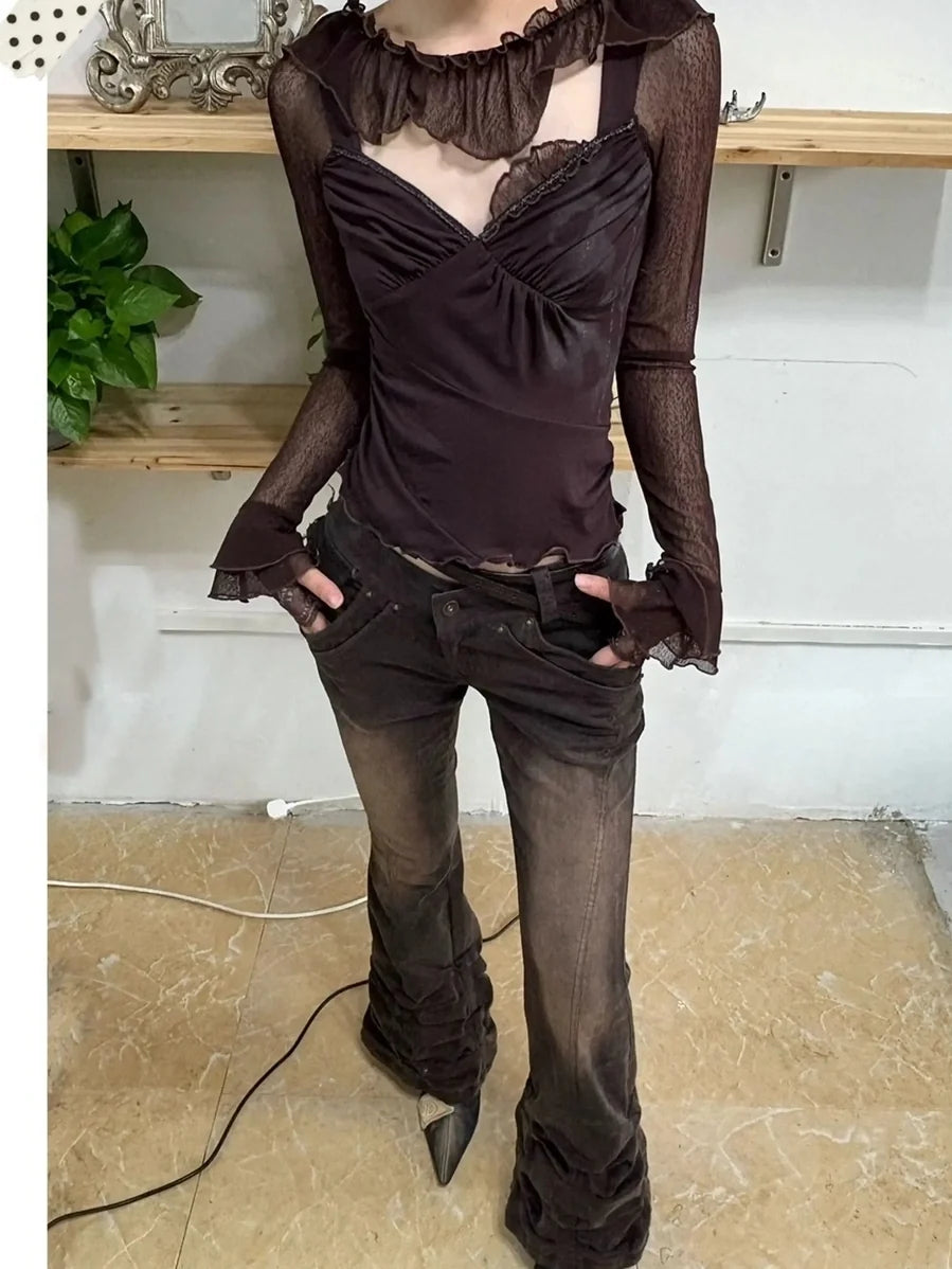 Soft Vintage Slim Fit Long Bell Sleeves Women Brown Lace Cotton Knit T-Shirt