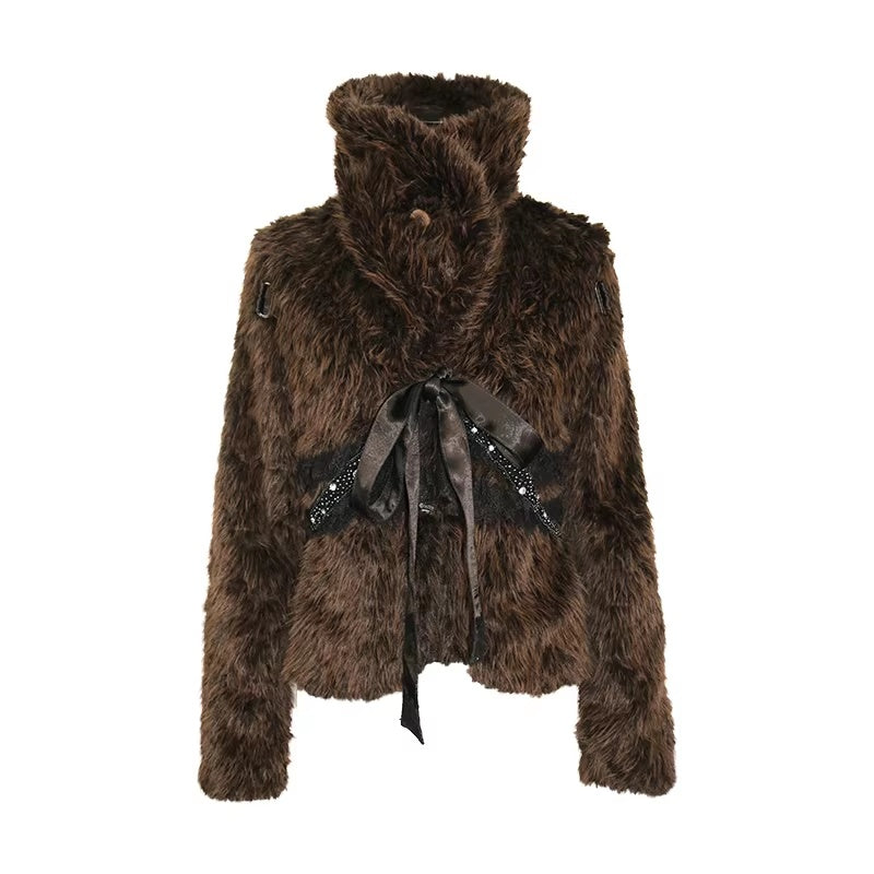 Thick Faux Fur Stand Collar Short Tie Waist Vintage Women Dark Brown Jacket