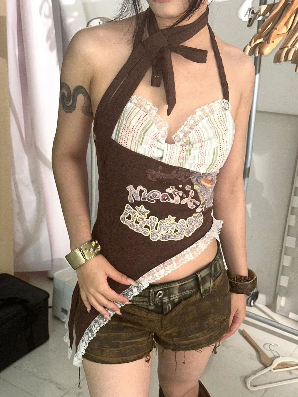 Trendy Halter Neck Letter Graphic Streetwear Women Original Design Tank Top