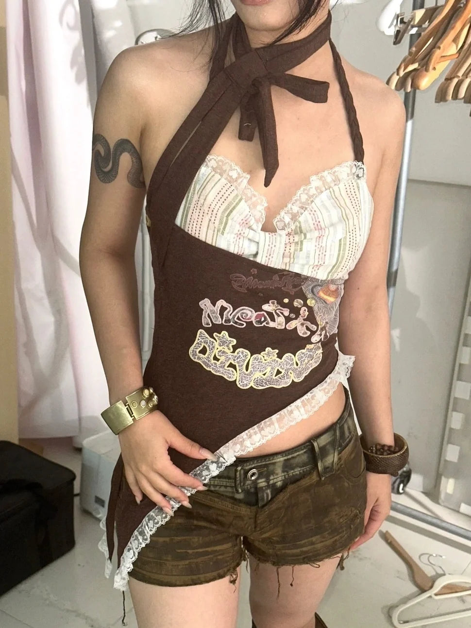 Trendy Halter Neck Letter Graphic Streetwear Women Original Design Tank Top