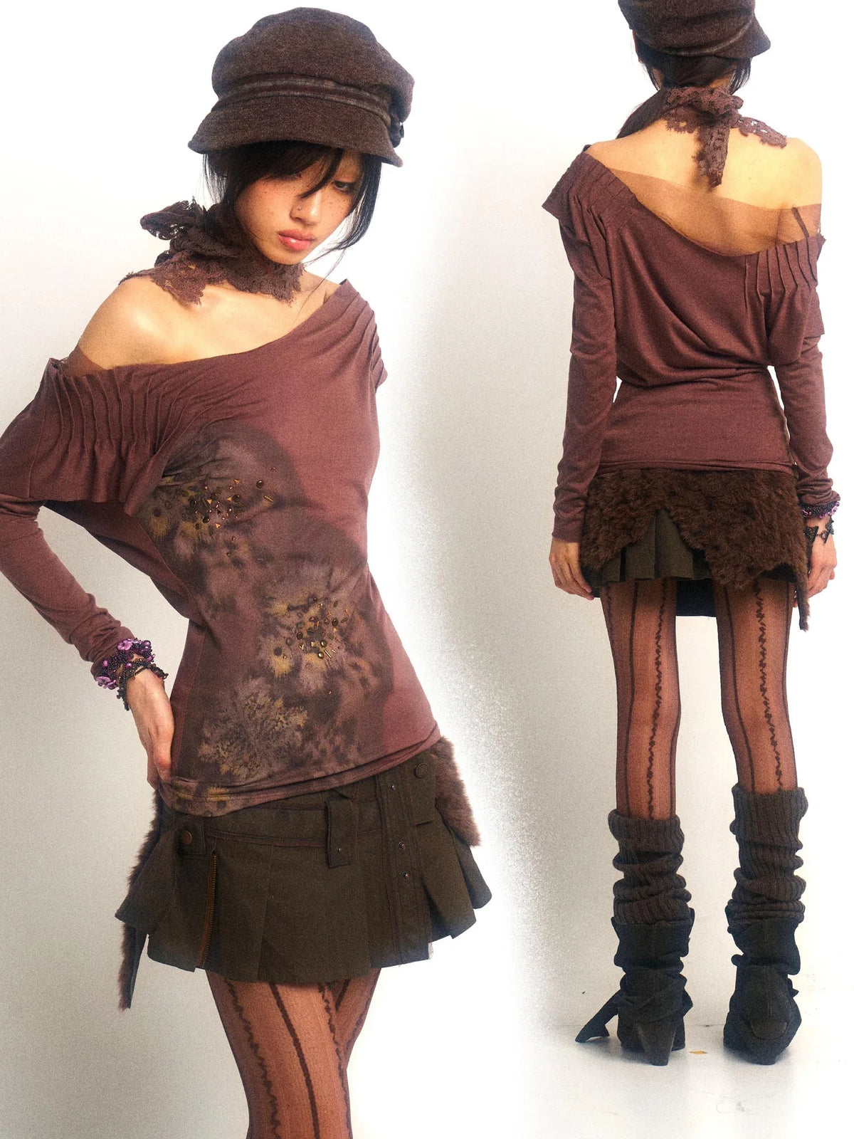 Vintage Metal Diamond Print Draped Neck V-neck T-shirt Long-Sleeve Top