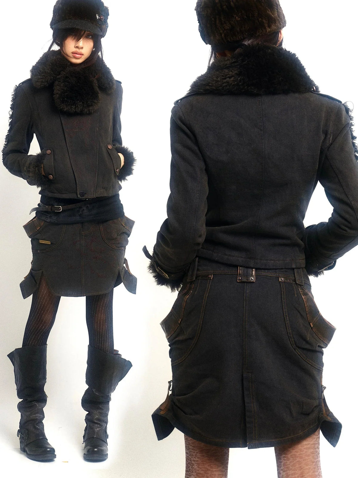 Vintage Washed Embroidered Jacket Skirt Set with Detachable Fur Collar