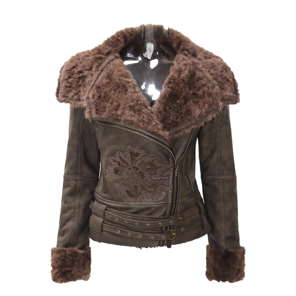 Windproof Faux Fur Embroidered Slim Fit Cropped Zip Up Women Brown Jacket