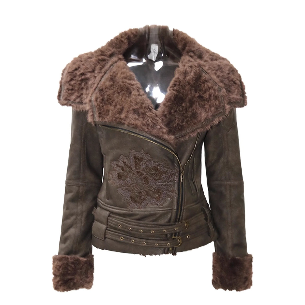 Windproof Faux Fur Embroidered Slim Fit Cropped Zip Up Women Brown Jacket