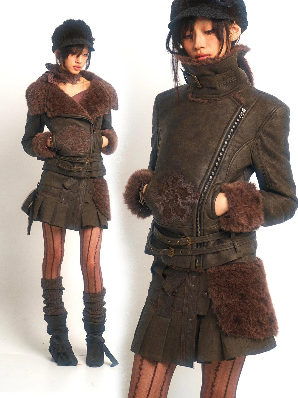 Windproof Faux Fur Embroidered Slim Fit Cropped Zip Up Women Brown Jacket