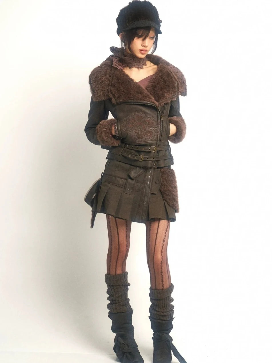 Windproof Faux Fur Embroidered Slim Fit Cropped Zip Up Women Brown Jacket