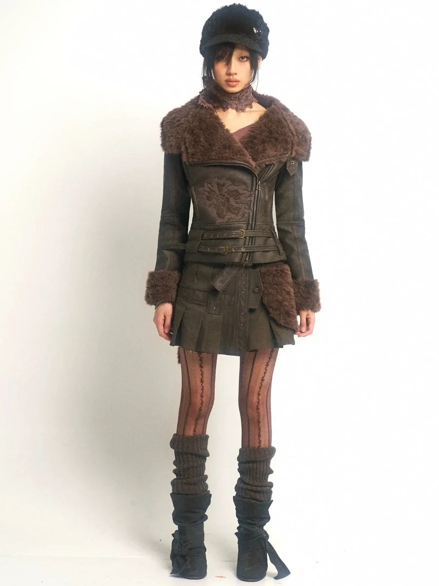 Windproof Faux Fur Embroidered Slim Fit Cropped Zip Up Women Brown Jacket