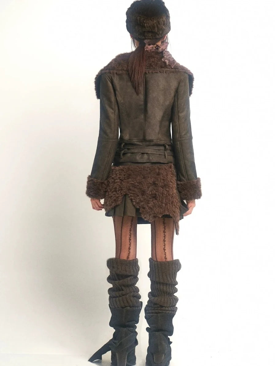 Windproof Faux Fur Embroidered Slim Fit Cropped Zip Up Women Brown Jacket