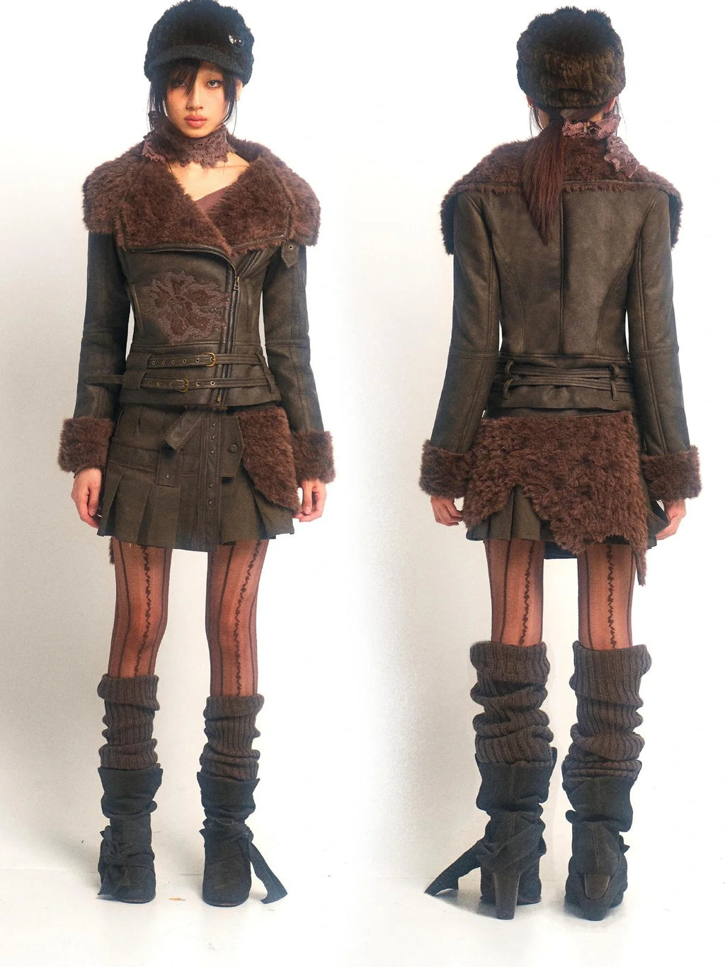 Windproof Faux Fur Embroidered Slim Fit Cropped Zip Up Women Brown Jacket