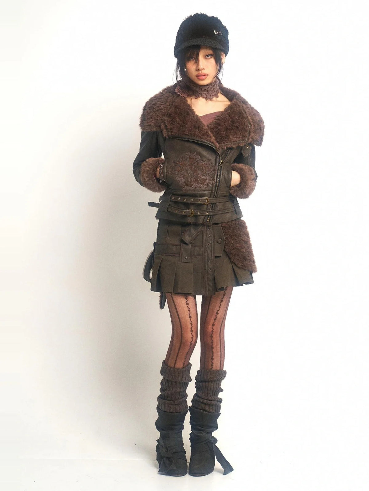 Windproof Faux Fur Embroidered Slim Fit Cropped Zip Up Women Brown Jacket