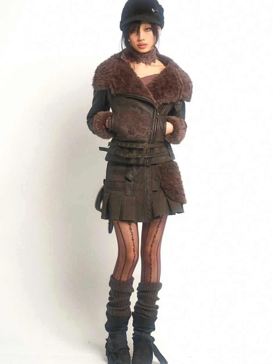 Windproof Faux Fur Embroidered Slim Fit Cropped Zip Up Women Brown Jacket