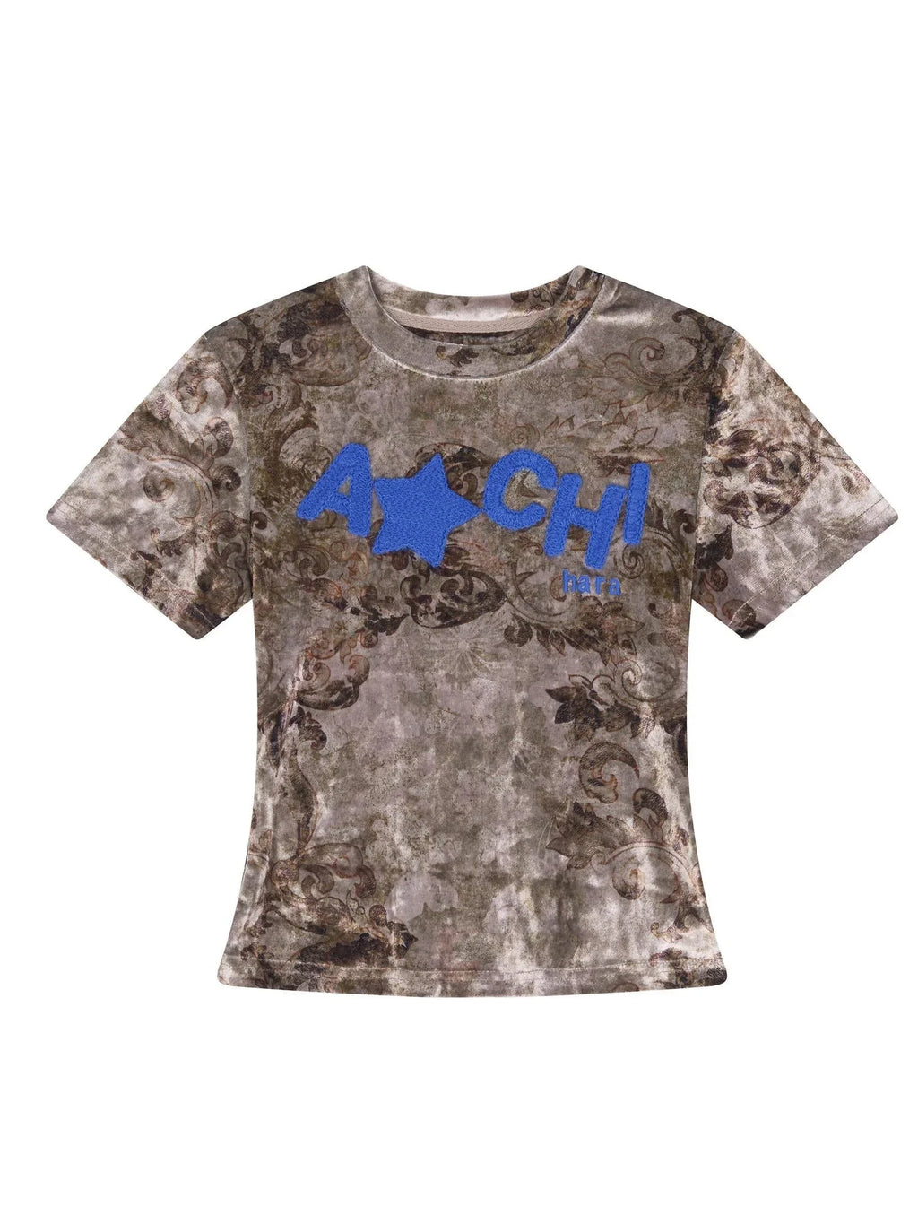 Pinecone Velvet Tee Retro Print Slim Fit Short Sleeve