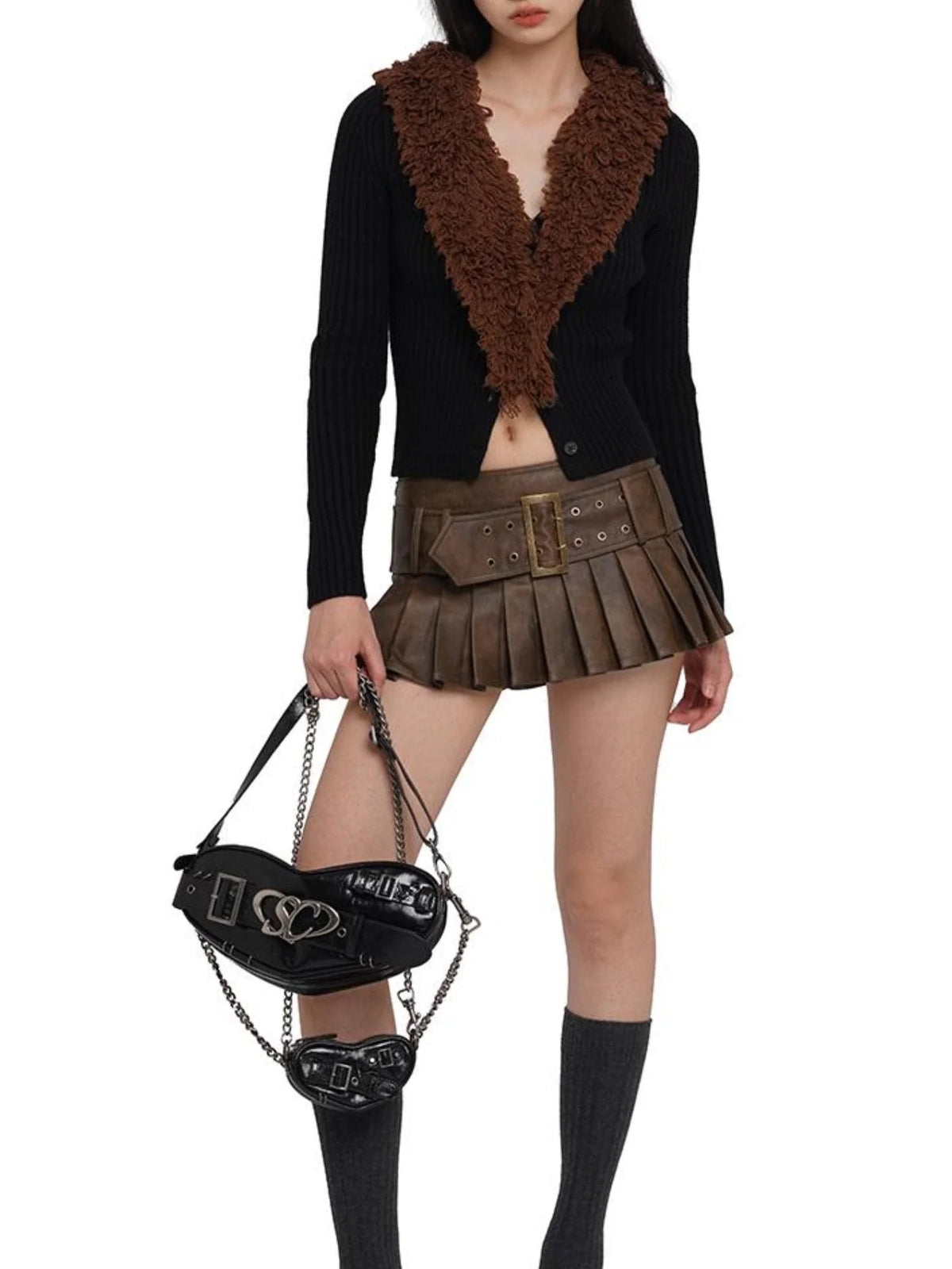 Punk Heart Chain Bag Genuine Leather Crossbody Bag