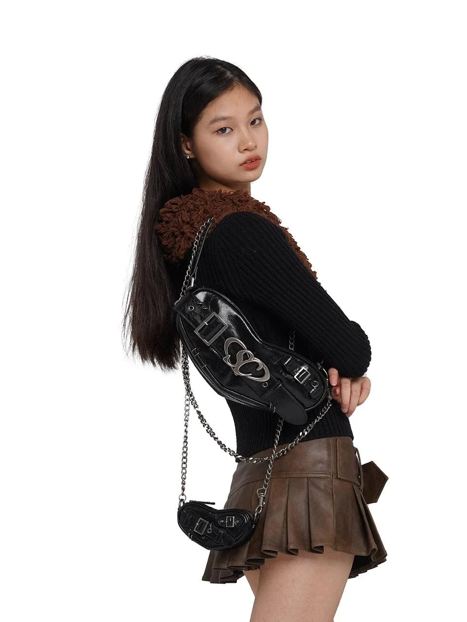 Punk Heart Chain Bag Genuine Leather Crossbody Bag