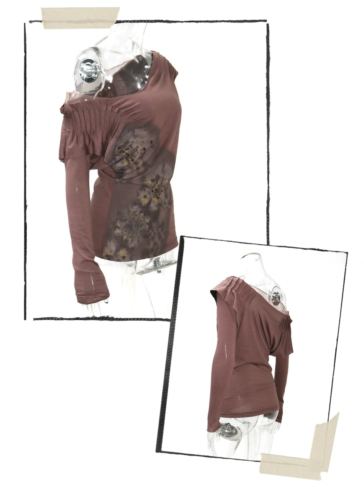Vintage Metal Diamond Print Draped Neck V-neck T-shirt Long-Sleeve Top