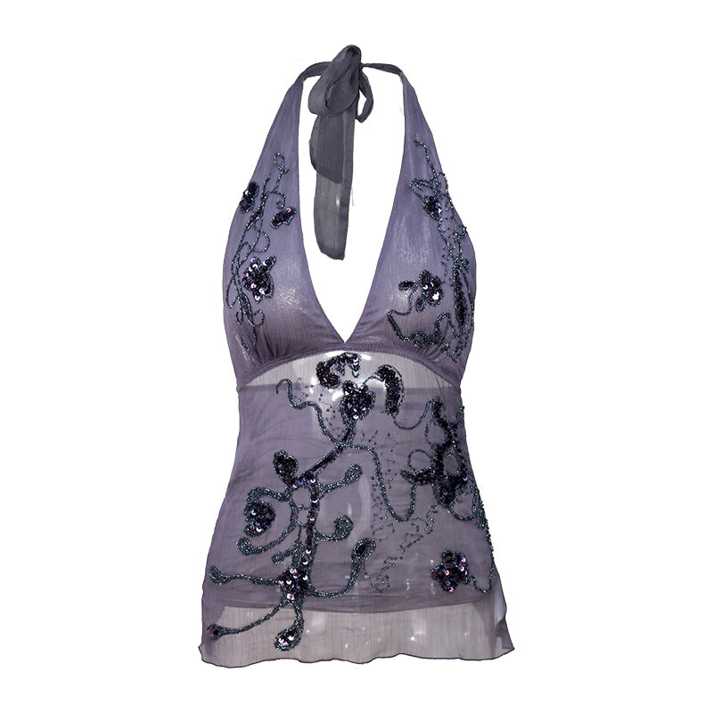 Embellished Purple Halter Neck Top With Beaded Details