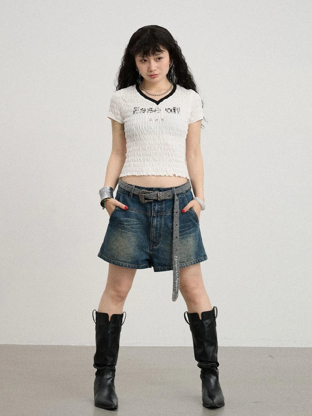 Summer V-neck Ruffle Cotton Tee